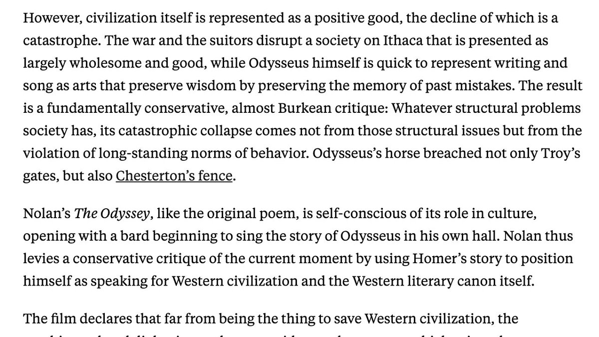 Aatif_Rashid's tweet photo. This is by far the most insightful review of The Odyssey I've read--it meets the movie on it's own terms and genuinely engages with the theme of civilizational collapse that Nolan is addressing. https://t.co/MfwELntYlc