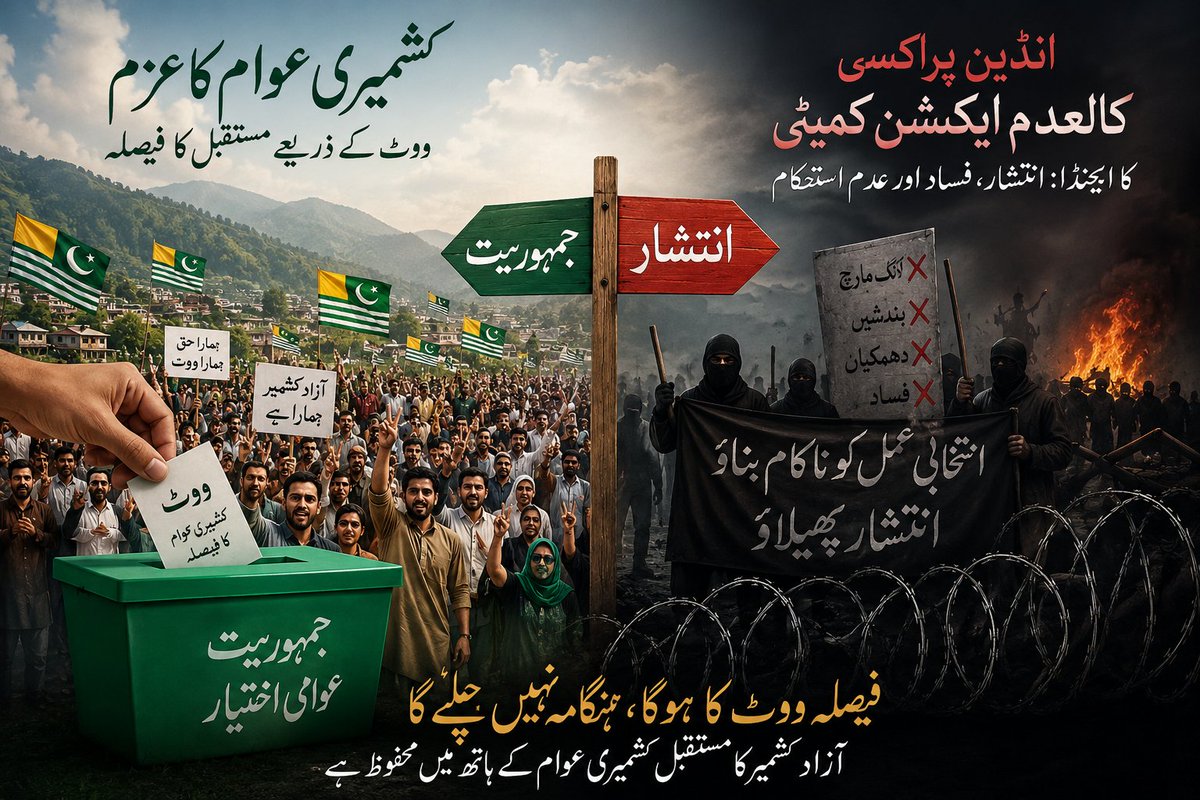 Maj_Marwat's tweet photo. آزاد کشمیر میں انتخابات کا پہلا مرحلہ قریب آتے ہی انتشاری عناصر کی بے چینی کھل کر سامنے آگئی ہے !

انتخابی جلسوں میں عوام کی بھرپور شرکت اور جمہوری عمل کے لیے بڑھتا ہوا جوش اس بات کا واضح ثبوت ہے کہ کشمیری عوام اپنے مستقبل کا فیصلہ ووٹ کی طاقت سے کرنا چاہتے ہیں

یہی عوامی حمایت انڈین پراکسی کالعدم ایکشن کمیٹی کو ہضم نہیں ہو رہی
اسی لیے وہ ایک بار پھر لانگ مارچ اور احتجاج کی دھمکیوں کے ذریعے انتخابی ماحول کو سبوتاژ کرنے کی کوشش کر رہے ہیں

لیکن حقیقت یہ ہے کہ کشمیری عوام ایسے انتشار پسند ہتھکنڈوں کو بارہا مسترد کر چکے ہیں
آزاد کشمیر کا فیصلہ سڑکوں پر ہنگامہ آرائی سے نہیں بلکے عوام کے ووٹ سے ہوگا ،،