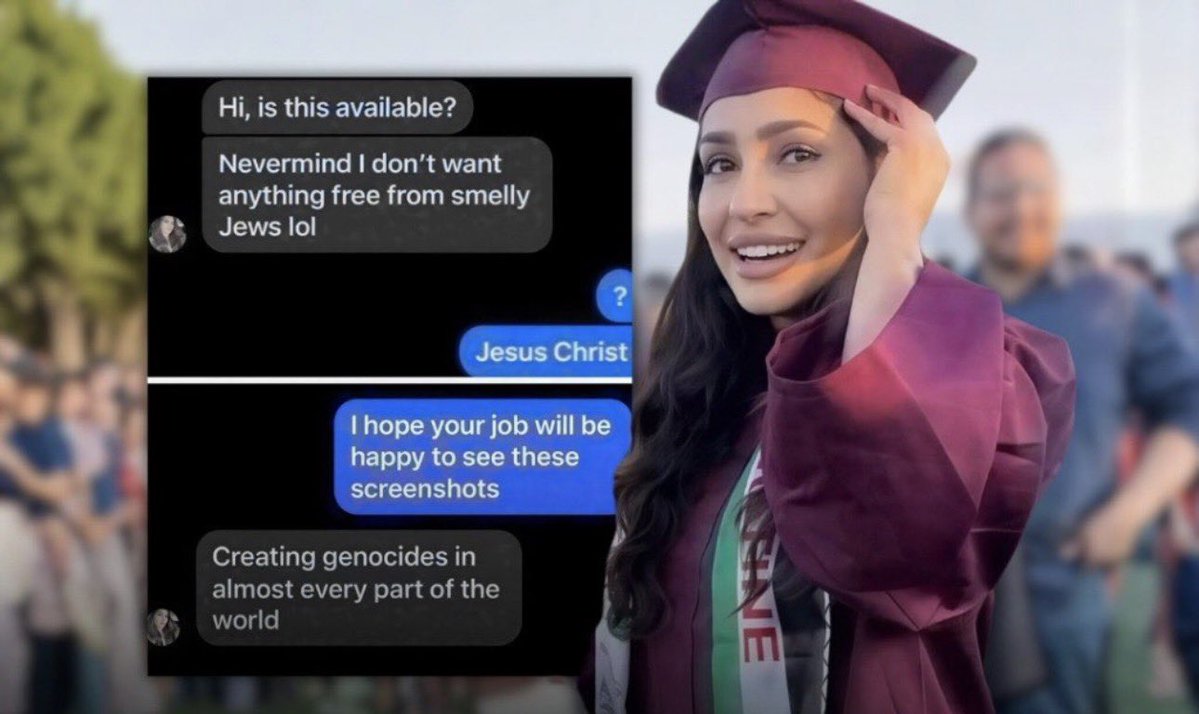 StopAntisemites's tweet photo. CA resident Rema Jayyusi told a Jewish woman on FB Marketplace giving away free item she changed her mind because she didn't want anything from "stinky Jews."

Jayyusi is a recent graduate of Santa Monica College's Nurse Assistant Pre-Certification Training Program, qualifying her to work as a home health aide.

Imagine someone expressing this kind of racism caring for vulnerable elderly Jewish patients!