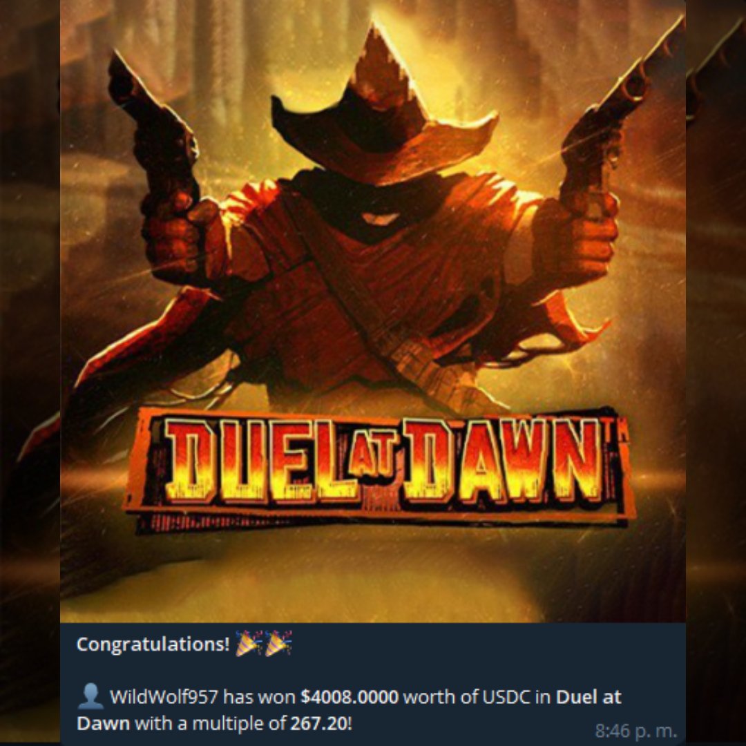 OWLDAOio's tweet photo. Sharp work, WildWolf957 🎊 that was some clean shooting. 

A $15 spin just exploded into $4,008 USDC with a 267.20x multiplier on Duel at Dawn.  

Dust rises under the early light as the outlaw grips both revolvers, ready for the showdown. #DuelAtDawn https://t.co/w9cTjNTUUQ
