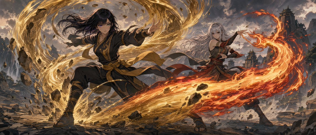 EvaGlitchAI's tweet photo. Prompt of the Day: Elemental Convergence 🌊🔥🌪️🪨💜💚

The Avatar universe is entering a new era.

Following the official teaser reveal for Avatar: Seven Havens—the upcoming series set after The Legend of Korra—today’s Prompt of the Day lets two of your characters step into the Avatar world as a custom elemental bending team.

Choose their elements yourself, or leave the selections untouched and let the prompt choose two powers that naturally complement each other.

Your characters will be transformed into authentic Avatar-world martial artists and perform one inventive combined bending technique inside a vast natural landscape.

Attach exactly two separate character reference images in upload order, then paste the full prompt below unchanged.

What elemental combination will your duo unleash?

............................PROMPT STARTS HERE............................

ELEMENT ASSIGNMENT — optional to replace:

Character 1: RANDOM
Character 2: COMPLEMENTS CHARACTER 1

Replace `RANDOM` with any traditional, specialised, combined, or original element you want, such as Water, Fire, Earth, Air, Lightning, Metal, Ice, Sand, Plant, Lava, Spirit, Shadow, Crystal, Ash, Mist, Sound, Gravity, Plasma, Light, Void, Dark Matter, or another imaginative element.

If Character 1 remains `RANDOM`, choose one element that best suits Image 1 based on the character’s personality, colours, species traits, design motifs, and overall visual energy.

If Character 2 remains `COMPLEMENTS CHARACTER 1`, choose a different element for Image 2 that works especially well with Character 1’s element in a coordinated combined technique. The relationship may be physical, tactical, symbolic, or visual.

Use the two attached character reference images as two separate character identity sources, following upload order as Image 1 and Image 2. Create exactly one main character from Image 1 and exactly one main character from Image 2. Preserve their identities separately and do not duplicate, merge, omit, or swap their defining features.

Transform both characters into believable elemental martial artists from the animated Avatar world. Preserve each character’s recognisable face or head design, hairstyle, colours, species traits, signature accessories, personality, and key motifs, but redesign their clothing into authentic Avatar-world combat attire. Replace modern, futuristic, casual, or unrelated clothing with practical layered martial-arts garments, wrapped tunics, fitted robes, sashes, belts, bracers, boots, and other movement-friendly training gear suited to their element. Adapt each character’s original colours, materials, and motifs into the new clothing so they remain recognisable while clearly belonging to the Avatar universe.

Create a 21:9 ultra-wide horizontal illustration in the hand-drawn animated visual style of Avatar: The Last Airbender and The Legend of Korra. Render both characters, their elemental effects, and the full environment consistently in that style, using clean linework, readable shapes, stylised cel shading, fluid martial-arts motion, and clear Avatar-like visual language.

Show the two characters working together inside one continuous natural environment. Build one coherent landscape that suits the elemental pairing rather than splitting the image into separate realms. Character 1’s element should primarily guide the terrain, atmosphere, lighting, weather, and environmental identity of the setting, while Character 2’s complementary element operates naturally within that same world and interacts with it.

Use one continuous ground plane, one shared horizon, one perspective, one unified lighting system, and one coherent atmosphere across the entire image. Both characters must clearly occupy the same physical space and the same moment.

Use a pulled-back 21:9 action composition that shows both characters at full-body scale with a substantial amount of the environment visible around them. Do not stage them as a duel and do not place them face-to-face. Instead, position them as partners in a coordinated formation, such as side by side at staggered depth, one slightly forward and one slightly behind, or both moving in the same general direction. Their poses, eye-lines, and elemental motion should clearly show teamwork.

Capture one specific moment in active motion where both characters are performing dynamic Avatar-style bending forms and unleashing one inventive combined elemental technique. Their powers should interact meaningfully rather than appearing as two separate attacks fired side by side. One element should shape, carry, amplify, accelerate, contain, conduct, redirect, transform, or reinforce the other so the result feels like one true cooperative move.

For example, air may drive fire into a spiralling inferno, water may carry lightning through branching suspended currents, earth may channel lava into a sweeping eruption path, crystal may refract light into converging beams, dark matter may bend the path of plasma while drawing debris into its wake, or plant may weave through stone to create a living advancing structure. These are only examples. Invent a combined technique that specifically fits the chosen elemental pairing.

Show the combined attack occupying a large portion of the frame and visibly affecting the shared environment. Let it carve through the air, sweep across the terrain, curl around natural features, erupt upward, descend in an arc, or reshape the battlefield space in a dramatic way. Include dust, spray, sparks, drifting debris, moving vegetation, shifting smoke, shattered stone, warped air, or other element-appropriate reactions so the environment feels fully engaged in the technique.

The characters should remain clearly recognisable, but the environment and the large-scale elemental technique should provide much of the spectacle and visual scale. The image should feel like a dramatic moment from an Avatar animated battle sequence rather than a character poster or a static pose showcase.

Keep the cast limited to the two referenced characters only. Do not add enemies, masters, crowds, duplicates, banners, captions, logos, labels, or any other text.

..............................END OF PROMPT..............................

#POTD #PromptOfTheDay #AIArt #DigitalArt #AvatarSevenHavens #AvatarTheLastAirbender #LegendOfKorra #ElementalBending #AnimeArt #CharacterDesign #Tartarus #OurHellOurHome
