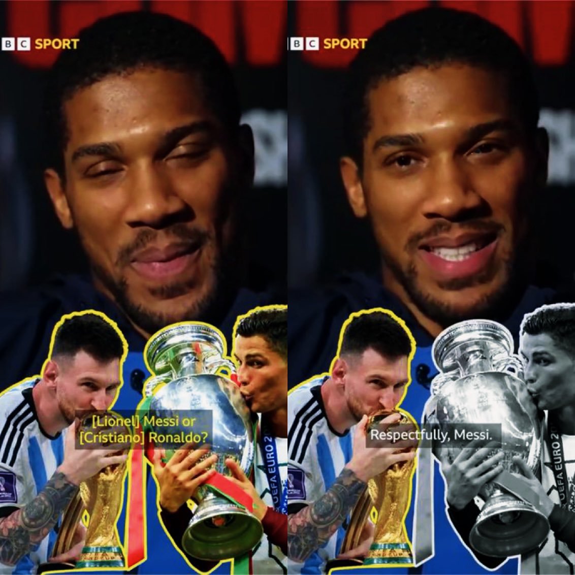 BarcaWorldwide's tweet photo. ‼️

Messi or Ronaldo?

Anthony Joshua 🗣️: "Respectfully, Messi" https://t.co/HtzwraZ8Zs