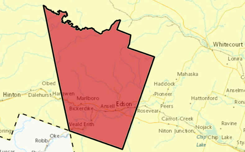 AB_EmergAlert's tweet photo. This is an Alberta Emergency Alerta. Environment and Climate Change Canada has issued a Tornado alert. 

This alert is in effect for the Edson, and Sundance Provincial Park area.

Meteorologists are tracking a severe thunderstorm that is possibly producing a tornado 45 km northwest of Edson. It is moving to the east at 45 km/h. Damaging winds, large hail and locally intense rainfall are also possible. The thunderstorm is 

This is a very dangerous and potentially life-threatening situation. Tornado warnings are issued when a thunderstorm is producing or is likely to produce a tornado.

Take cover immediately in a basement, interior room, or a sturdy shelter when threatening weather approaches.
If no shelter is available, lie in a low spot and protect your head from flying debris.
If you are out on the water when threatening weather approaches, return to shore and seek shelter, if possible, or move directly away from the path of the tornado. Otherwise, wear your lifejacket, lie face down and protect your head

https://t.co/4jkEA3Ymx5 #ABemerg #ABtornado