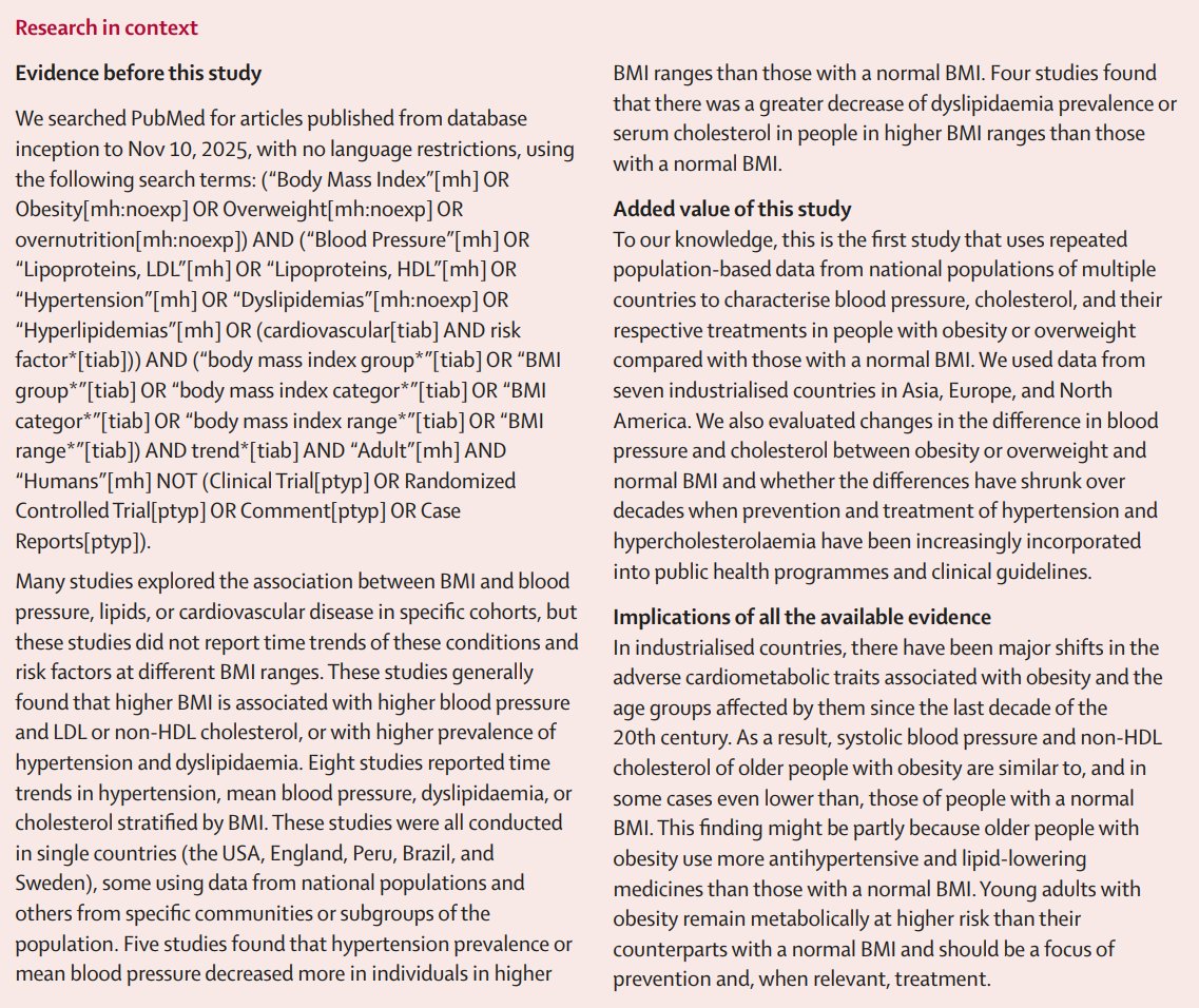 TheLancet's tweet photo. Blood pressure and cholesterol levels in adults over 40 with obesity increasingly similar to adults with normal BMI, study suggests.

Explore the research 👉 https://t.co/hyEkKjbbch https://t.co/sZ5OWTAX80