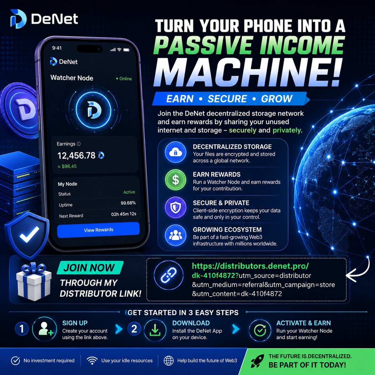 HorlamideJoshua's tweet photo. 🚀 Turn your smartphone into a passive earning machine with DeNet!

Join the decentralized storage revolution with DeNet Watcher Node.

✅ Earn rewards
🔒 Secure your data
🌐 Support the Web3 ecosystem

Get started here:
https://t.co/qV86V5FRtX

#DeNet #DePIN #Web3 #Crypto #Block https://t.co/zqzHZugZtN