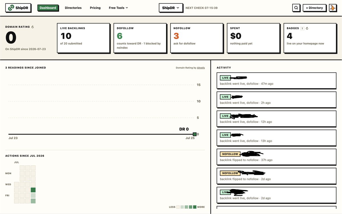 pc_hobbit's tweet photo. Launched ShipDR yesterday, I will be using it as a ShipDR product, tracking its Dr, publish daily changes.

Day 1: 10 backlinks live, 6 dofollow and 3 nofollow, 1 waiting for verification.

Fee: $0.

Backlinks DR as in pic. https://t.co/BmvK7G6Zkh
