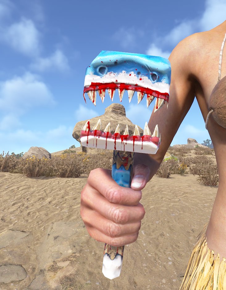 FancyOrb_'s tweet photo. Here is interesting lore about the shark hammer. We tried making this the first transparent hammer by opening the mouth. But unfortunately it made the hammer look weird from some angles due to the limitations of the skin

I'm curious if you think we made the right call by scraping the idea, or if you would've liked this concept! Poll below!

Also this skin is on the Rust store for $2! All proceeds go to charity!