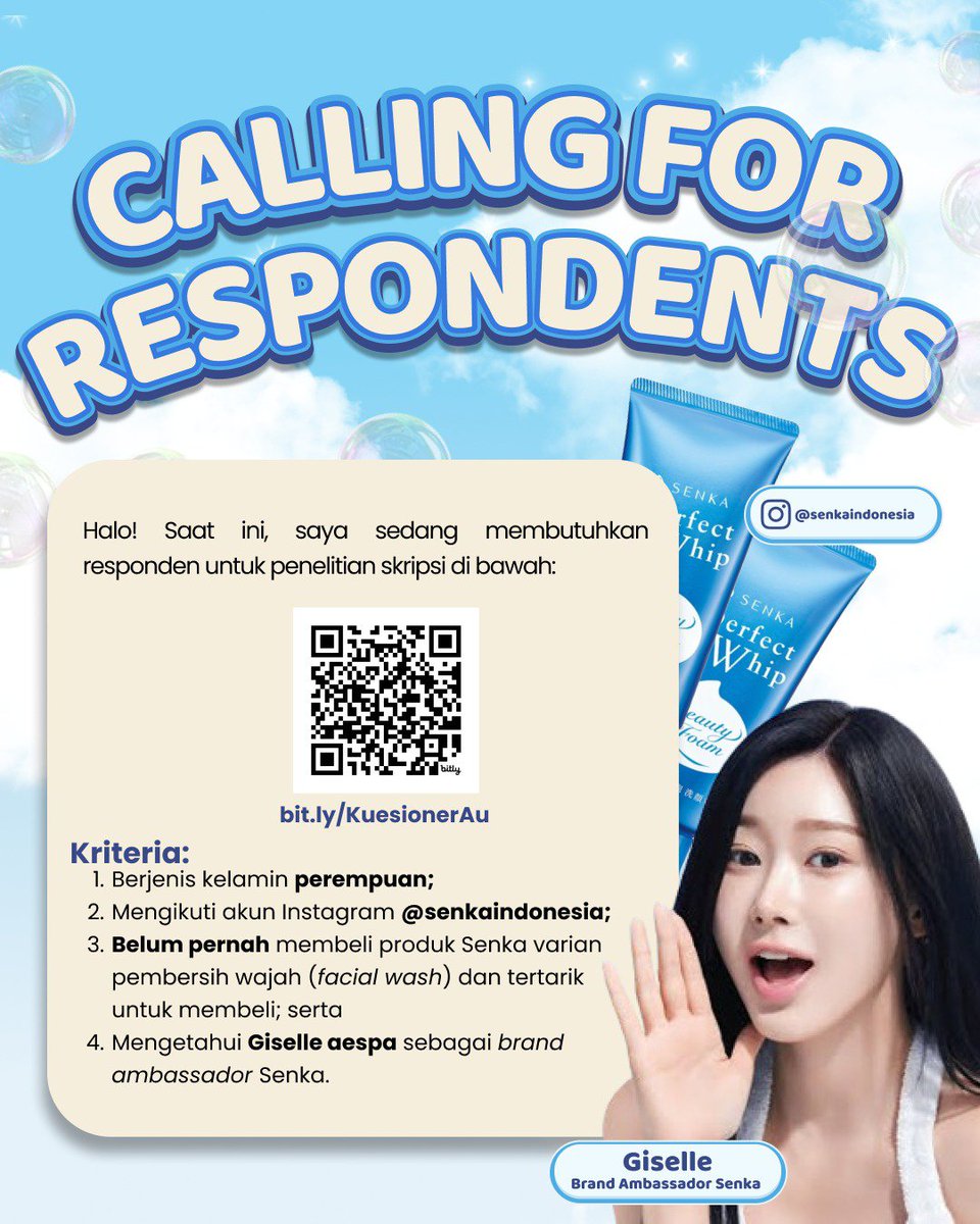 verosene's tweet photo. halooo! aku lagi cari responden buat penelitianku. kalo kamu cewek yang nge-follow akun ig @.senkaindonesia, tau giselle as their ba, sama belom pernah beli produk senka tapi tertarik biat beli; km bisa isi link ini yahhhh: https://t.co/lXcNHgFDwx

kalo mau barter boleh yaaa🤍🤍 https://t.co/6aITgXzrk5