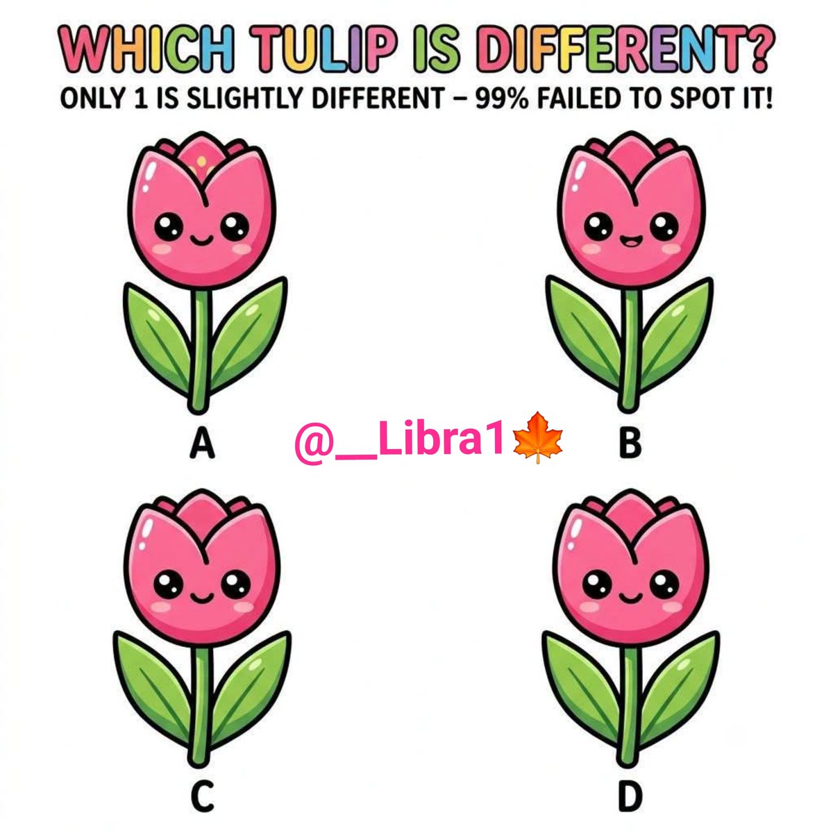 __Libra1's tweet photo. WHICH TULIP IS DIFFERENT? 🤔
Only 1 is slightly different - 99% FAILED to spot it!
I bet you can’t find it in 3 seconds ⏱️
Comment A, B, C or D 👇 https://t.co/gW4TkiSoIq