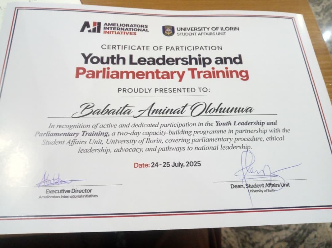 Amein_00's tweet photo. Today wrapped up the Youth Leadership and Parliamentary Training.
We were certified, but the biggest takeaway for me is that leadership is most meaningful when people remain at the heart of every decision.
The learning continues, and so does the responsibility. 💜#unilorite #SHE https://t.co/WsQz0Y4A7S