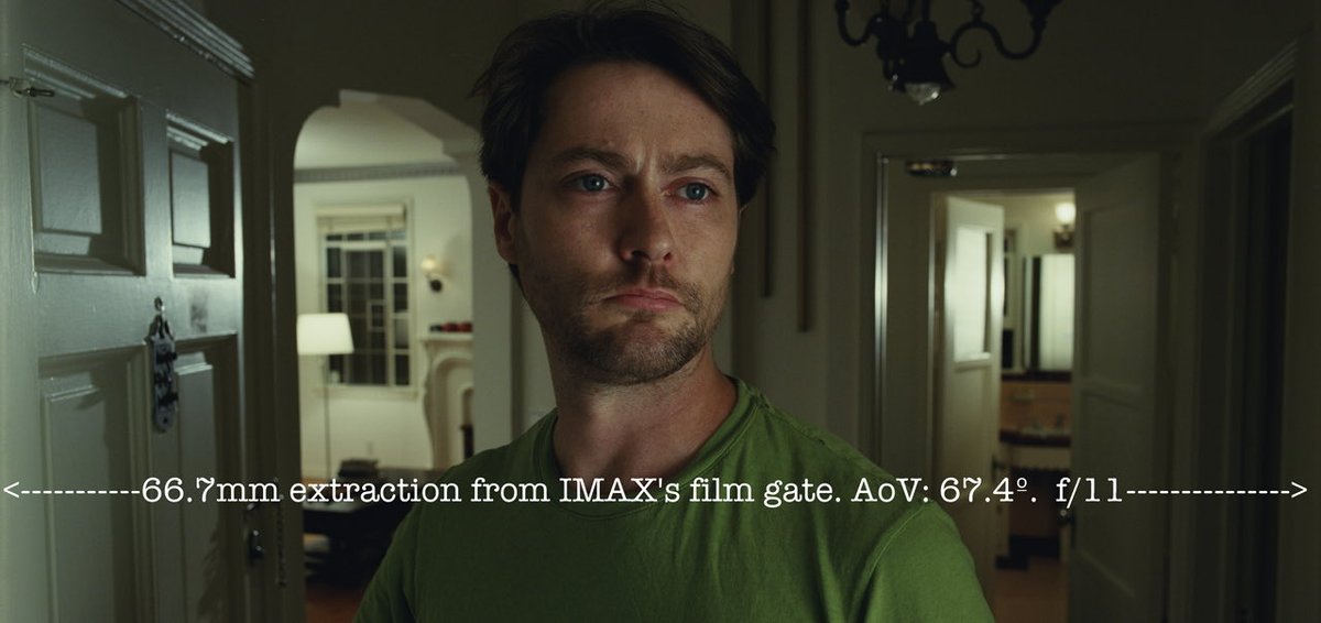 OneTimePhil's tweet photo. @PeterDFellow @JosephKahn True on the ASA. The problem is that f/4 on a 24mm lens shot on 35mm film is basically like shooting on a 67mm lens at f/11 when shot on IMAX. So unless you want that super shallow depth of field look for all your shots, you need enough light to stop down quite a bit https://t.co/EmVy0gQpua