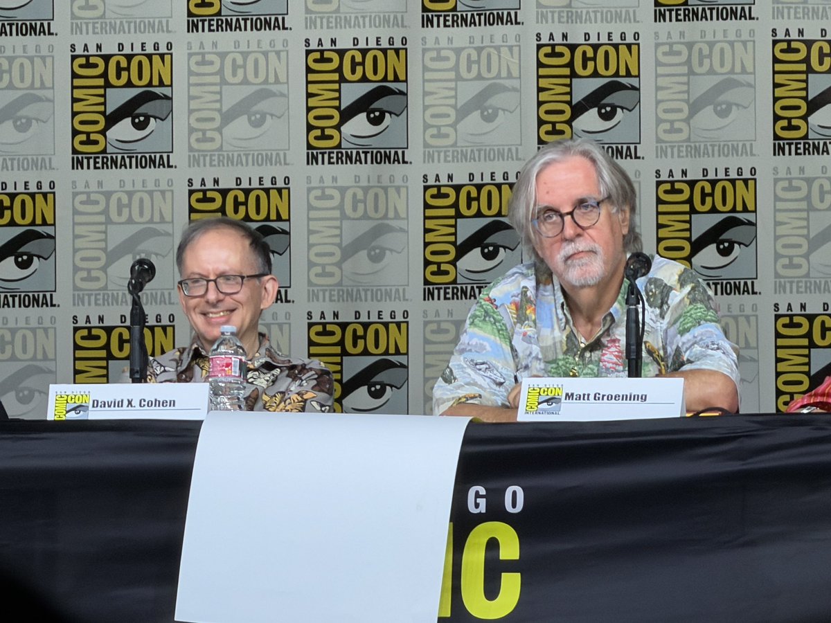 laughingplace's tweet photo. Matt Groening just announced a #Futurama / #Disenchantment crossover episode, and now they’re showing a clip. The tagline under the title was “Ballroom 20 Bootleg”. #SDCC2026 https://t.co/B4Dw0BCDqz