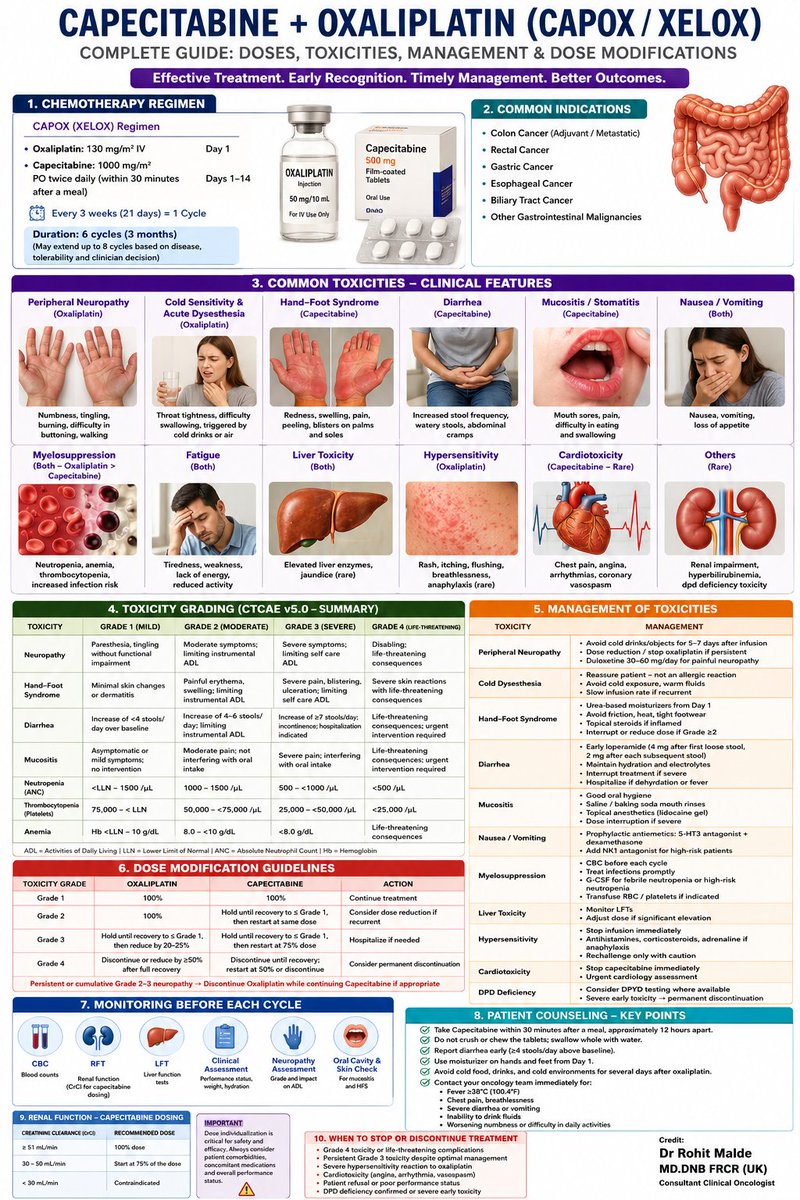roxboxfix's tweet photo. Capecitabine +  Oxaliplatin 
Chemo Regimen 

COLORECTAL cancers

Doses
Indications 
Toxicity and Grading
Dose Reductions and Stopping Rules

A simple Glance for Oncologists in Clinics https://t.co/7YByqBWXdL