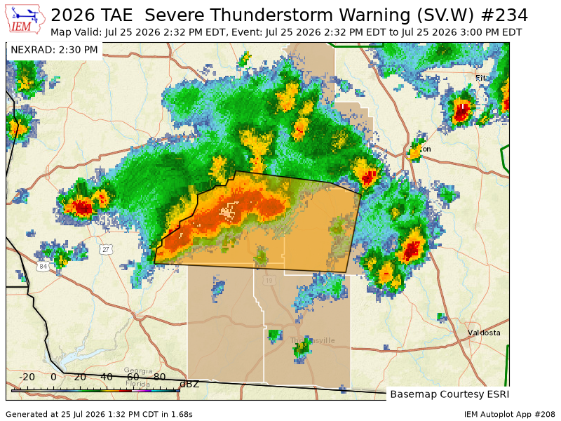 ewarn's tweet photo. TAE issues Severe Thunderstorm Warning [wind: 60 MPH (RADAR INDICATED), hail: <.75 IN (RADAR INDICATED)] for Colquitt, Grady, Mitchell, Thomas, Worth [GA] till 3:00 PM EDT https://t.co/XEQLi8YYht https://t.co/2bVJUEPhXU
