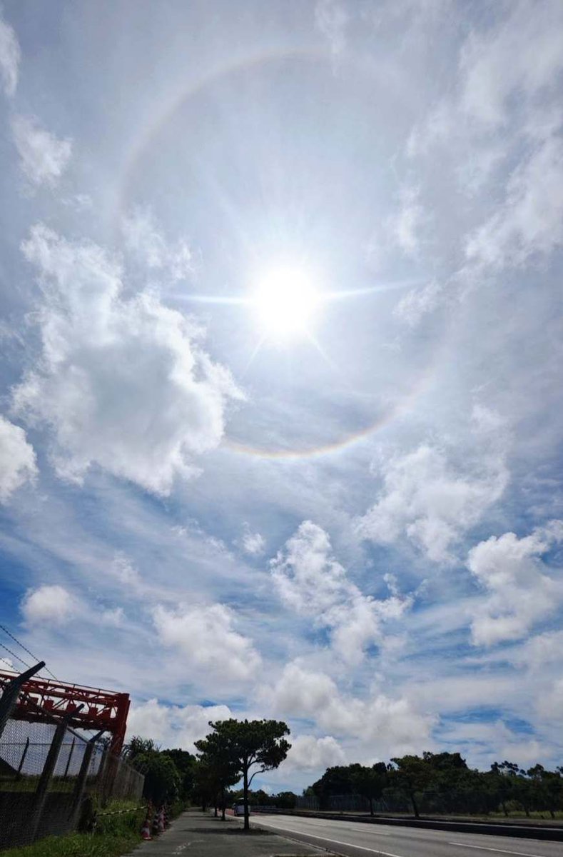 NEWS333's tweet photo. 虹きらめく神秘の輪　太陽の周りに丸い円　沖縄・嘉手納で観測 | 沖縄タイムス＋プラス https://t.co/fFi0nHSreT

太陽の周りに虹のような丸い円ができる「#日暈（ひがさ）」が２４日午前１１時１０分ごろ、嘉手納町で観測された。 https://t.co/YYEtHN69Ji