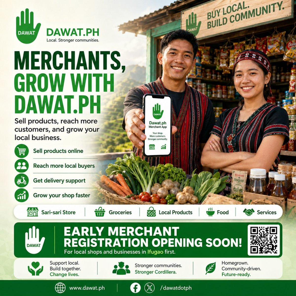 dawatdotph's tweet photo. 🏪 May negosyo ka sa CAR? Grow with https://t.co/IhadLU6INT!

Soon, local merchants can use https://t.co/IhadLU6INT to:
Sell products online
Reach more customers
Get delivery support
Promote local products and services
Grow their business through one simple platform

Open for sari-sari stores, groceries, food sellers, local products, and service providers.

🌱 Early merchant registration is opening soon.

Support local. Build together. Grow stronger communities.