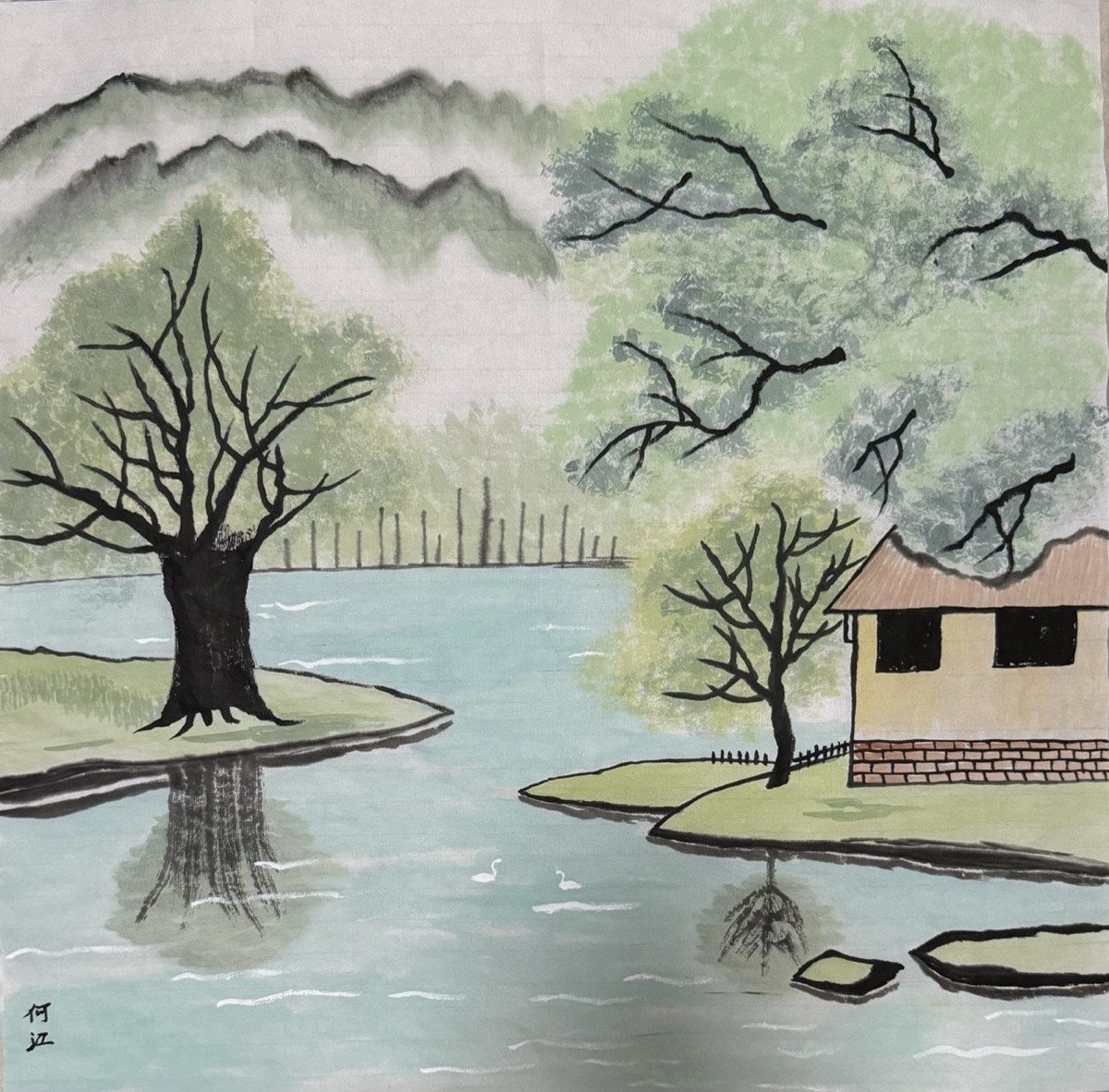 doublemi_ai's tweet photo. A water village in the Chinese south: green water, spring trees, two white birds, one quiet house.
This is the landscape of my mom's south — she paints it from memory.

#ChineseArt #InkPainting https://t.co/Aj8XCHZWsR