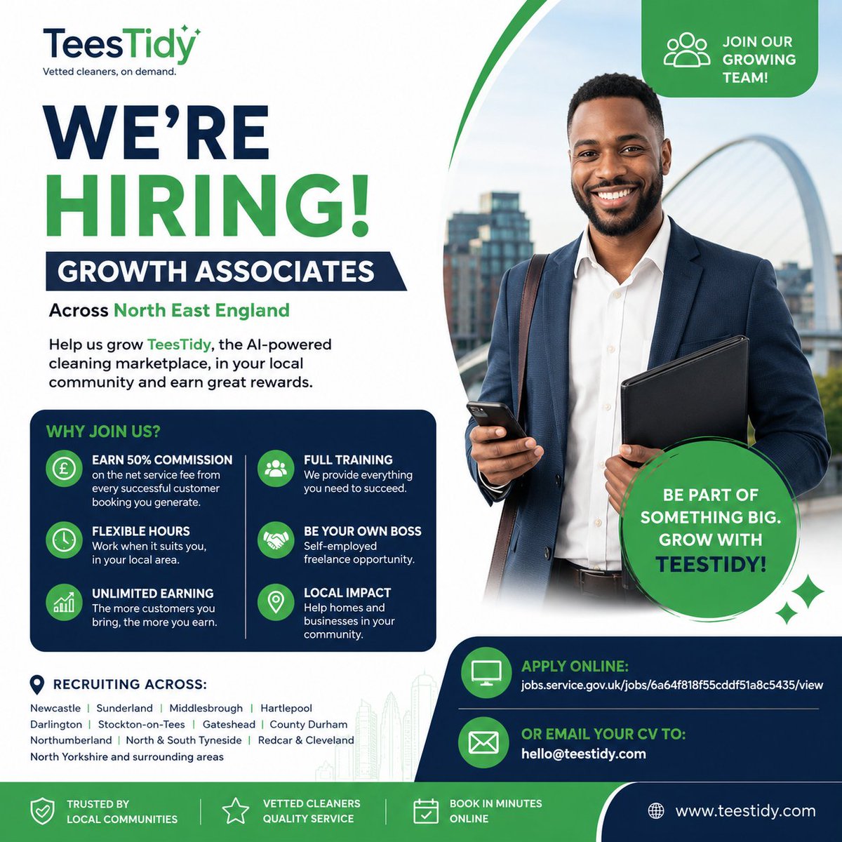 Teestidy's tweet photo. We're hiring Growth Associates across North East England!

✅ Flexible
✅ Freelance
✅ Full training
✅ 50% commission on the net service fee from successful customer bookings
Apply now:
 https://t.co/a6Y4ccGY4Y
📧 hello@teestidy.com
#Hiring #NorthEast #TeesTidy #Startup #UKJobs https://t.co/pRK4TeohVO