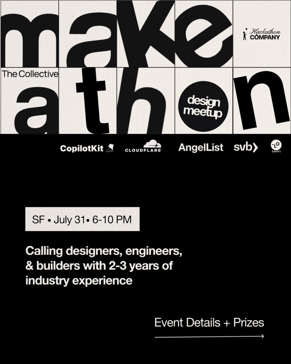designmeetuphq's tweet photo. get ready for the sf make-a-thon! july 31, 6–10pm @AngelList founders cafe.

pair up, tackle a surprise prompt, and build a working prototype in one night.

judged by @advmsyed, @floguo, @/kennethkuh and @/jenniferjing

$4k/$2k/$1k prizes. details below. https://t.co/sxVWcFSJtR
