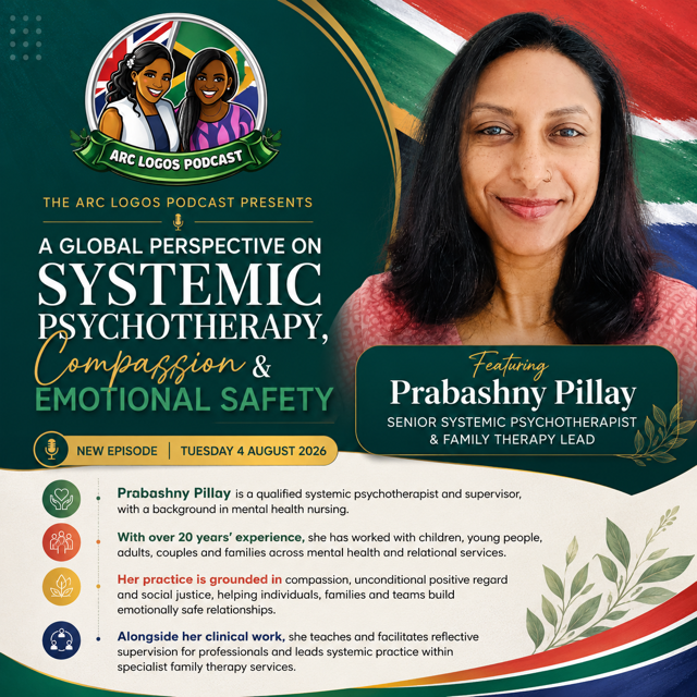 ArcLogos38's tweet photo. Meet Prabashny Pillay who is a systemic psychotherapist &amp; Service Manager for the systemic service. She explored her experience from moving to the UK from South Africa, working as a mental health nurse &amp; then training in systemic psychotherapy. Full episode live 04/08/2026. https://t.co/b52EONzDpA