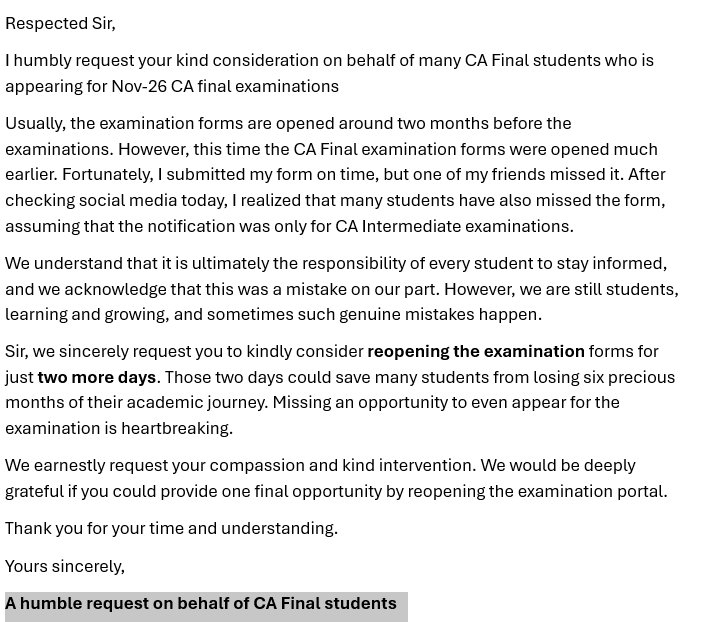 MSD_The_GOAT's tweet photo. A humble request to kindly reopen the CA Final Nov 2026 exam form portal for 2 more days. 🙏

@kdhiraj123 @RajeshSharmaBJP   #CAfinal https://t.co/21rGTqpiH0