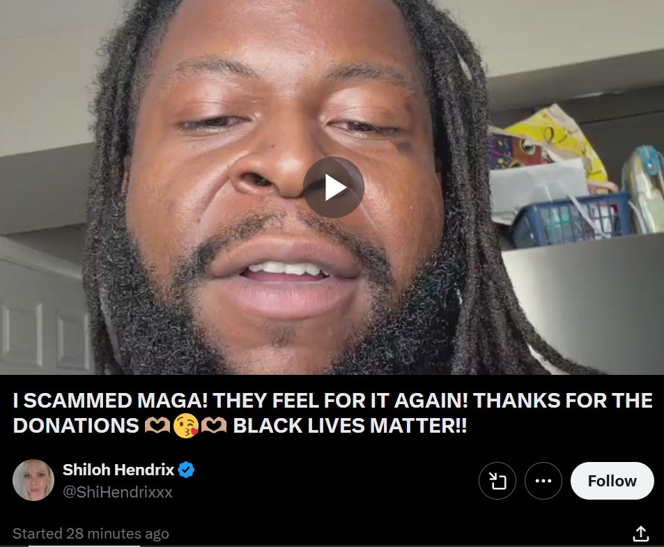 TooWhiteToTweet's tweet photo. The Black man behind the fraudulent @ShiHendrixxx account is streaming live on X right now, bragging about his crime.

And it was, quite literally, a crime. He collected donations using someone else's identity.

What are the chances he'll face justice? https://t.co/tS6akuABil