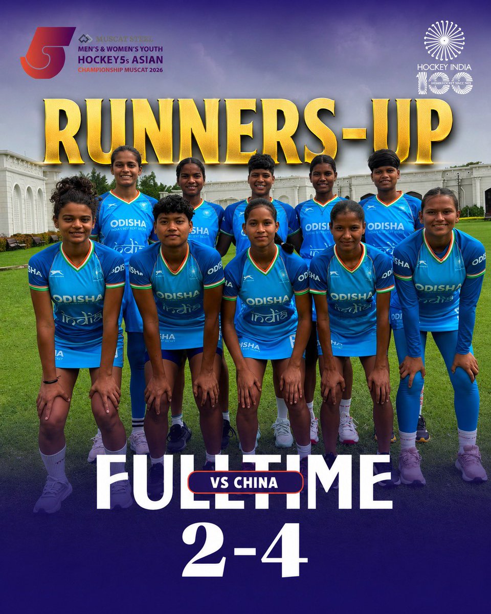 TheHockeyIndia's tweet photo. A hard-fought campaign comes to an end. 🇮🇳🏑

Our Indian Women’s Team went down 2-4 against China in the Final of the Youth Hockey5s Asian Championship Muscat 2026.

The team finishes as Runners-Up and earns qualification for the inaugural FIH Youth Hockey5s World Cup with an impressive tournament campaign. 👏🌍

Onward to the world stage! 💙

#HockeyIndia #Hockey5s #IndiaKaGame #RoadToWorldCup