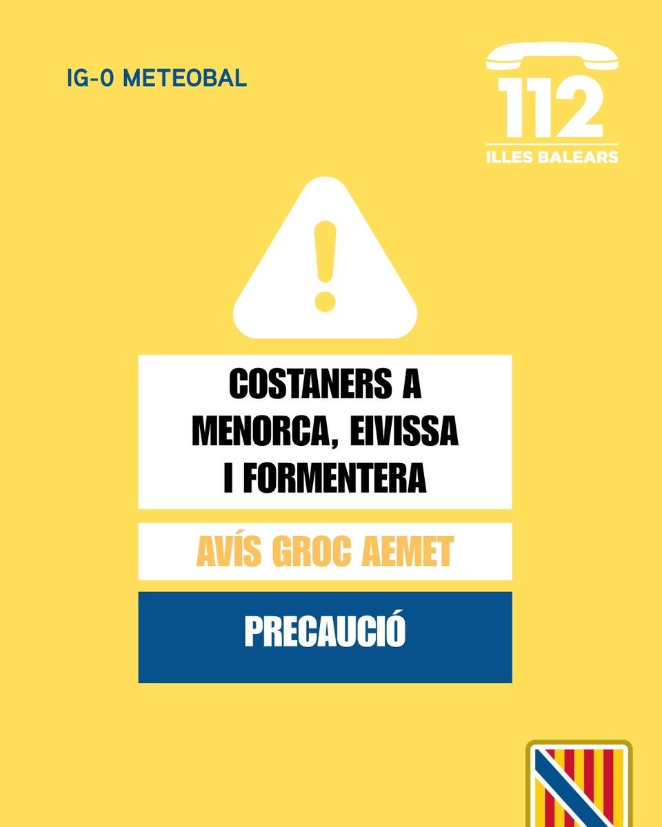 Emergencies_112's tweet photo. ⚠️ Actualització de les alertes per meteorologia adversa 🌊⛈️

🟠 Activada l'alerta groga (IG-1 del Pla Meteobal) per pluges☔️i tempestes⛈️ a la Serra de Tramuntana (Mallorca).

🟡 Activada l'alerta groga (IG-0 del Pla Meteobal) per pluges☔️i tempestes⛈️ a les Illes Balears.

🟠 Activada l'alerta taronja (IG-1 del Pla Meteobal) per rissaga a Menorca.

🟡 Activada l'alerta groga (IG-0 del Pla Meteobal) per fenòmens costaners 🌊 a Menorca, Eivissa i Formentera.

🟢 Desactivada l'alerta per altes temperatures a totes les Illes Balears.

Us demanam precaució en les properes hores, que seguiu els nostres consells i que crideu l’112 📞 en cas de patir una emergència 🙏🏻

💭 Podeu seguir els avisos per hores al canal oficial d’@AEMET_Baleares:
➡️ https://t.co/T7OwH3ZCs7