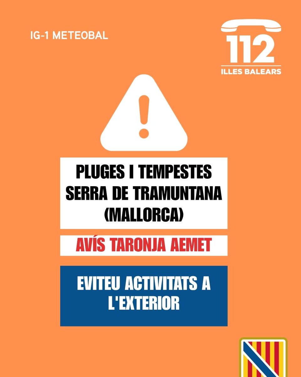 Emergencies_112's tweet photo. ⚠️ Actualització de les alertes per meteorologia adversa 🌊⛈️

🟠 Activada l'alerta groga (IG-1 del Pla Meteobal) per pluges☔️i tempestes⛈️ a la Serra de Tramuntana (Mallorca).

🟡 Activada l'alerta groga (IG-0 del Pla Meteobal) per pluges☔️i tempestes⛈️ a les Illes Balears.

🟠 Activada l'alerta taronja (IG-1 del Pla Meteobal) per rissaga a Menorca.

🟡 Activada l'alerta groga (IG-0 del Pla Meteobal) per fenòmens costaners 🌊 a Menorca, Eivissa i Formentera.

🟢 Desactivada l'alerta per altes temperatures a totes les Illes Balears.

Us demanam precaució en les properes hores, que seguiu els nostres consells i que crideu l’112 📞 en cas de patir una emergència 🙏🏻

💭 Podeu seguir els avisos per hores al canal oficial d’@AEMET_Baleares:
➡️ https://t.co/T7OwH3ZCs7