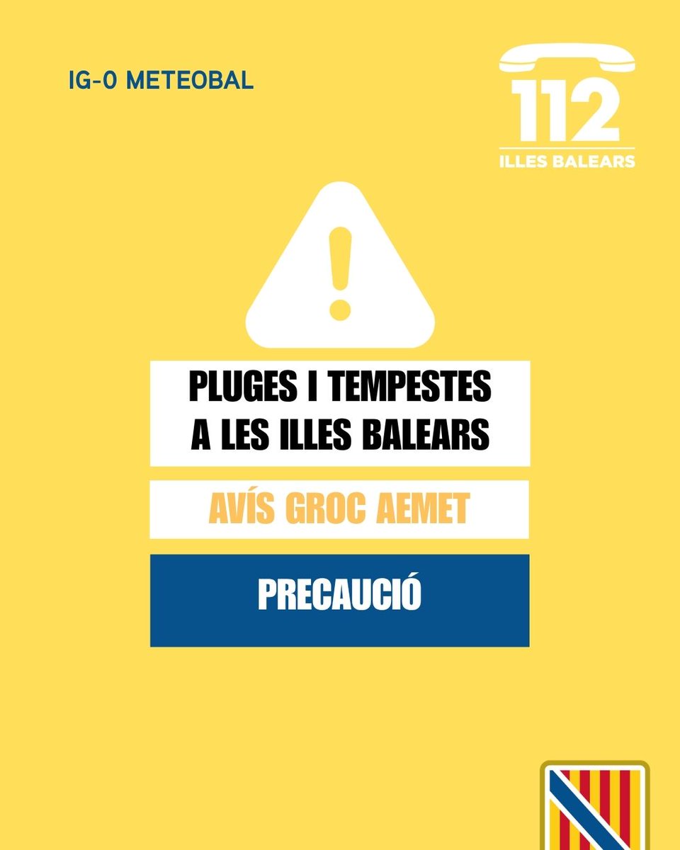 Emergencies_112's tweet photo. ⚠️ Actualització de les alertes per meteorologia adversa 🌊⛈️

🟠 Activada l'alerta groga (IG-1 del Pla Meteobal) per pluges☔️i tempestes⛈️ a la Serra de Tramuntana (Mallorca).

🟡 Activada l'alerta groga (IG-0 del Pla Meteobal) per pluges☔️i tempestes⛈️ a les Illes Balears.

🟠 Activada l'alerta taronja (IG-1 del Pla Meteobal) per rissaga a Menorca.

🟡 Activada l'alerta groga (IG-0 del Pla Meteobal) per fenòmens costaners 🌊 a Menorca, Eivissa i Formentera.

🟢 Desactivada l'alerta per altes temperatures a totes les Illes Balears.

Us demanam precaució en les properes hores, que seguiu els nostres consells i que crideu l’112 📞 en cas de patir una emergència 🙏🏻

💭 Podeu seguir els avisos per hores al canal oficial d’@AEMET_Baleares:
➡️ https://t.co/T7OwH3ZCs7