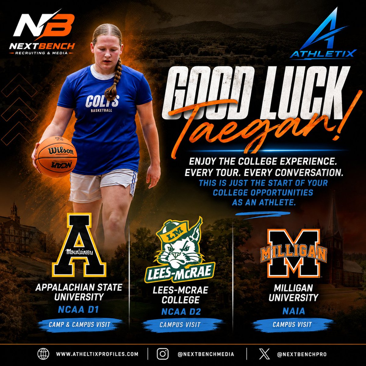 nextbenchpro's tweet photo. Good luck to Taegan Allred as she takes another exciting step in her recruiting journey! 🏀🔥
Taegan will attend camp and visit Appalachian State (NCAA D1), along with campus visits at Lees-McRae (NCAA D2) and Milligan University (NAIA).
💪🏀 https://t.co/ynIchaxmRZ