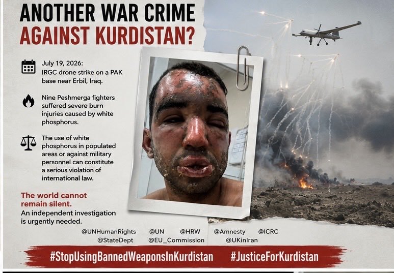 hemn_khastan's tweet photo. Be the voice of Kurdistan. We demand justice and an end to banned weapons!
#StopUsingBannedWeaponsInKurdistan #JusticeForKurdistan https://t.co/O2bnAZr2Nv