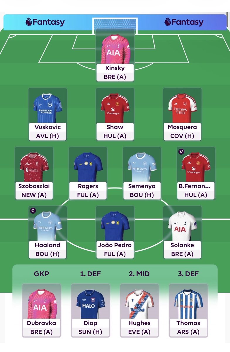 fpl_aced's tweet photo. @FPLFocal Trying to pick players from the big teams to start off with to minimise risk. Also trying to cover a lot of price points with my picks 👍 https://t.co/62AY5Ejk2n