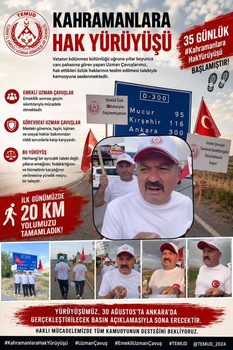 alitilkici38's tweet photo. Kayseri'den Ankara'ya uzanan hak yürüyüşümüzün 2'nci günündeyiz.

Bu yol, sadece kilometrelerin aşıldığı bir yol değildir. Bu yol; yılların emeğinin, alın terinin, fedakârlığının ve vatan uğruna verilen bir ömrün Gazi Meclis'e taşınan sessiz ama kararlı haykırışıdır.

Bugünü tarihe yalnızca yürüyen insanlar değil, hakkından vazgeçmeyen yürekler olarak not düşeceğiz. 

Her adımımız; vatan için verilen mücadelenin unutulmaması, emeğin değer bulması ve adaletin yerini bulması içindir.

Bu, bir yürüyüşten öte; vefanın, onurun ve haklı bir davanın mücadelesidir.

İstikametimiz Gazi Meclis.
Mücadelemiz; hak yerini bulana, emek hak ettiği değeri görene kadar kararlılıkla devam edecektir.

#KahramanlaraHakYürüyüşü
#UzmanÇavuş
@TEMUD_2024