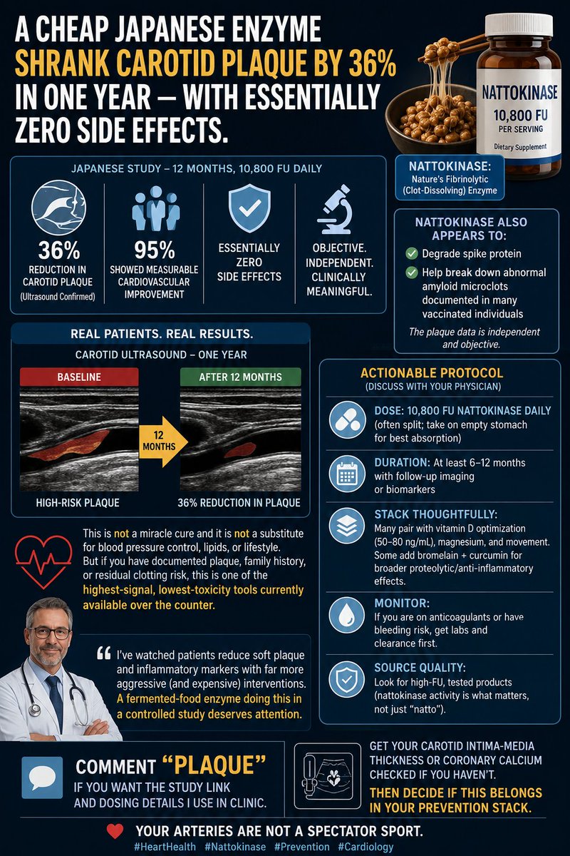 afshineemrani's tweet photo. I'm a cardiologist. 

I mentioned nattokinase as one tool beyond statins — and my inbox exploded. So here's the honest deep dive on the fermented-soy enzyme everyone's suddenly asking about.

Nattokinase comes from natto, a traditional Japanese fermented soybean dish. It's a fibrinolytic enzyme — meaning it helps break down fibrin, the mesh that forms clots and helps stabilize arterial plaque.

Here's what caught my attention as a cardiologist.
A study of over 1,000 adults with high cholesterol and early atherosclerosis, published in Frontiers in Cardiovascular Medicine, found that 10,800 FU of nattokinase daily for 12 months was associated with a 36% reduction in carotid plaque on ultrasound — plus reduced artery wall thickness, lower LDL and triglycerides, and higher HDL. No serious side effects.
A dose detail that matters: the lower dose of 3,600 FU did essentially nothing. The effect only appeared at the high dose.

Very few over-the-counter compounds have any objective imaging data showing plaque regression. This one does, in over a thousand people, with an excellent safety profile. That's rare, and it's why I take it seriously.

Now the honest caveats, because this is where supplement hype lies to you.
This was largely observational, not a randomized controlled trial. Participants were also making lifestyle changes, and some were on aspirin and vitamin K2, which enhanced the effect — so we can't cleanly credit the enzyme alone. Broader meta-analyses are more mixed. This is a strong signal, not proof.
It is not a replacement for the fundamentals — blood pressure, LDL and ApoB, and lifestyle still come first, and statins have vastly more outcome data.
And one absolute safety rule from a cardiologist: if you're on a blood thinner, aspirin, or have any bleeding risk, do not start this without your physician's clearance. A clot-dissolving enzyme plus an anticoagulant is a real bleeding hazard. This is not a "just try it" supplement.

If you and your doctor decide it fits: the study used 10,800 FU daily, on an empty stomach, with follow-up carotid imaging at 6-12 months to see if it's actually doing anything for you.

And first — know your plaque. Get a carotid ultrasound or coronary calcium score. You can't track what you never measured.

We spend fortunes on aggressive plaque interventions. A fermented-food enzyme with this kind of imaging signal, this safely, deserves honest attention — not hype, not dismissal.
Your arteries aren't a spectator sport. Measure them. Then decide, with your doctor, what belongs in your stack.