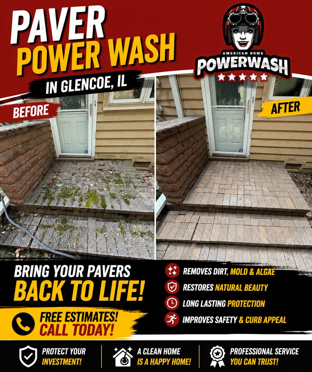americanhomePW's tweet photo. ✨ Pavers restored to like-new condition in Glencoe! Professional power washing removes dirt, moss, and algae. 🧼🏡 #GlencoeIL #PowerWashing #PaverCleaning #CurbAppeal 💦

https://t.co/WKi8hBhrqp https://t.co/KIzXn75OEM
