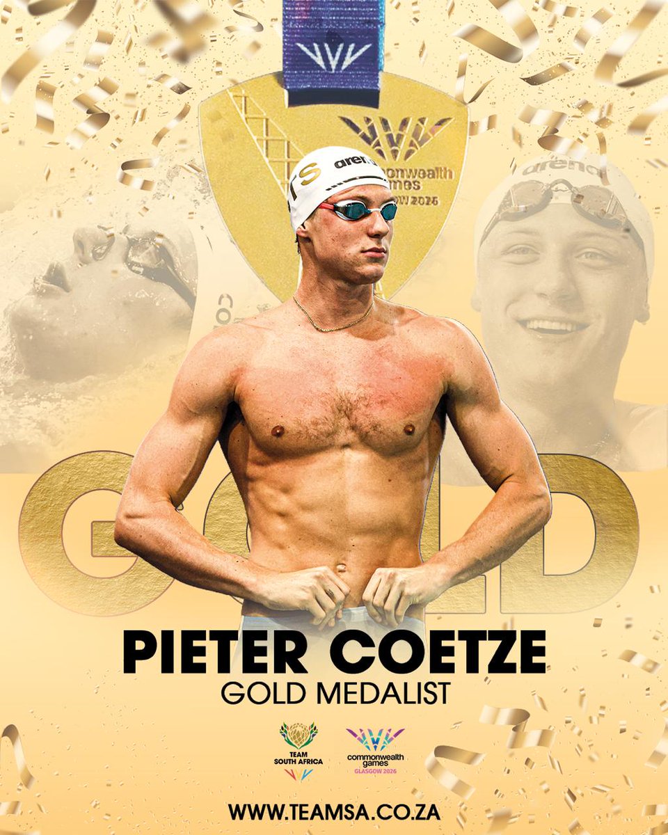 OfficialTeamRSA's tweet photo. 🥇 GOLD FOR PIETER COETZE! 🇿🇦

After breaking the Games record twice, Pieter delivers when it matters most, lowering it once again to win the men’s 50m backstroke title at Glasgow 2026.

#TeamSA #ForMyCountry #Glasgow2026 https://t.co/It2cUG54H4