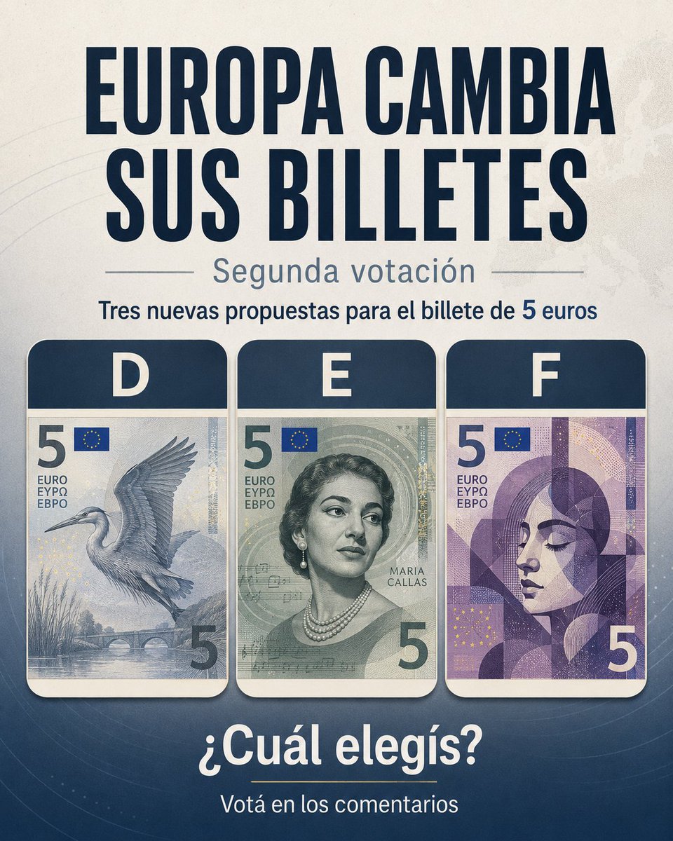 AdruPeriodista's tweet photo. Europa cambia sus billetes.
Sigue la votación sobre el nuevo billete de 5 euros.
Hoy comparo otras tres propuestas del BCE.
¿Cuál elegís?
D, E o F
Dejá tu voto en los comentarios.
#Europa #Euro #BCE https://t.co/l7lppeXJEJ