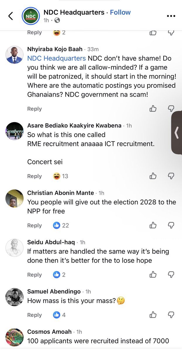 DashelleAdu's tweet photo. In a post today, the NDC's official Facebook page announced that a mass teacher recruitment exercise is scheduled for November/December and urged the public not to lose hope.

Read some of the comments under the post😂😂….NDC paa nie? Ei. https://t.co/0wwjSJNL1E