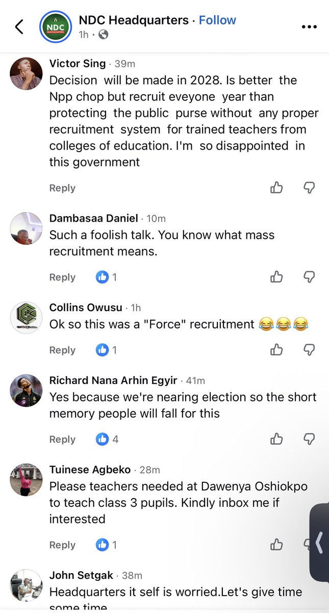 DashelleAdu's tweet photo. In a post today, the NDC's official Facebook page announced that a mass teacher recruitment exercise is scheduled for November/December and urged the public not to lose hope.

Read some of the comments under the post😂😂….NDC paa nie? Ei. https://t.co/0wwjSJNL1E