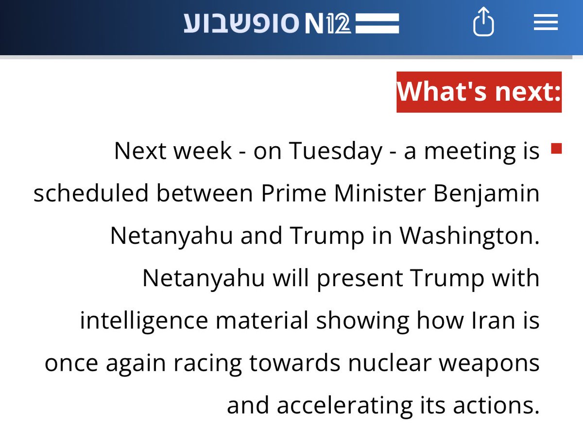 MeidasTouch's tweet photo. HERE WE GO AGAIN: Israeli broadcaster N12 reports that Prime Minister Benjamin Netanyahu is scheduled to meet with President Donald Trump in Washington on Tuesday, where Netanyahu is expected to present intelligence claiming Iran is “once again racing towards nuclear weapons and accelerating its actions.”