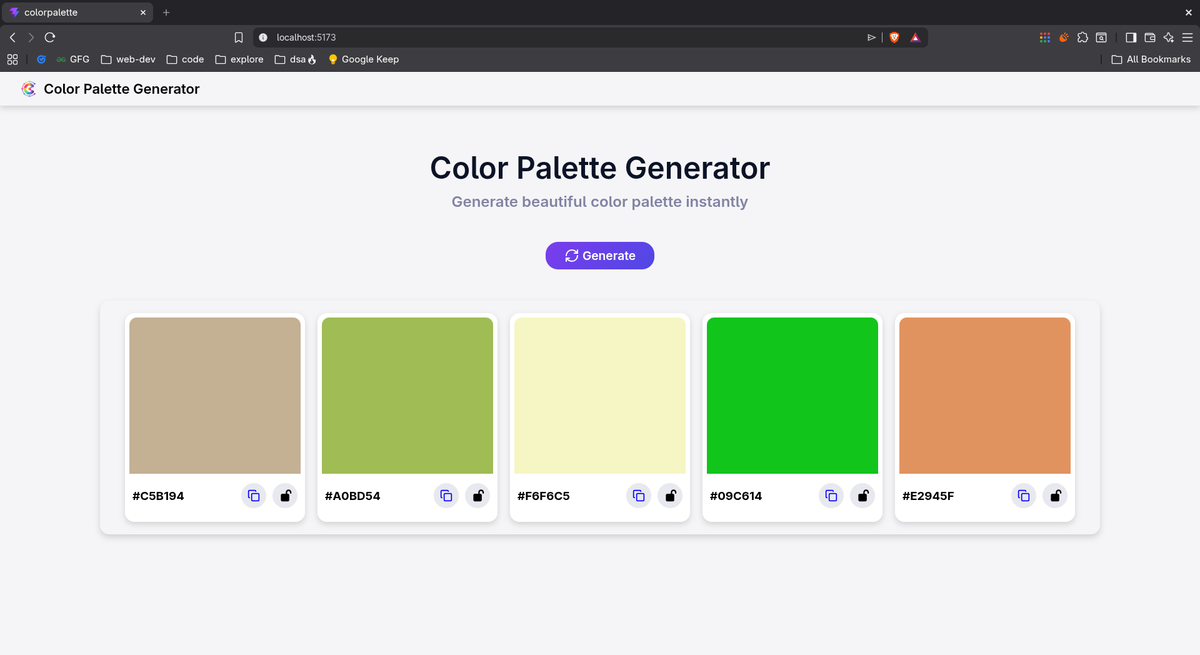 anmolbhagat_dev's tweet photo. Just built a Color Palette Generator with React!

You can generate random color palettes, copy color codes, and lock the colors you want to keep 🔒

Also made it fully responsive

Really happy with how it turned out! 🚀

#ReactJS #WebDevelopment #FrontendDevelopment #JavaScript https://t.co/kiRYPPoNJH