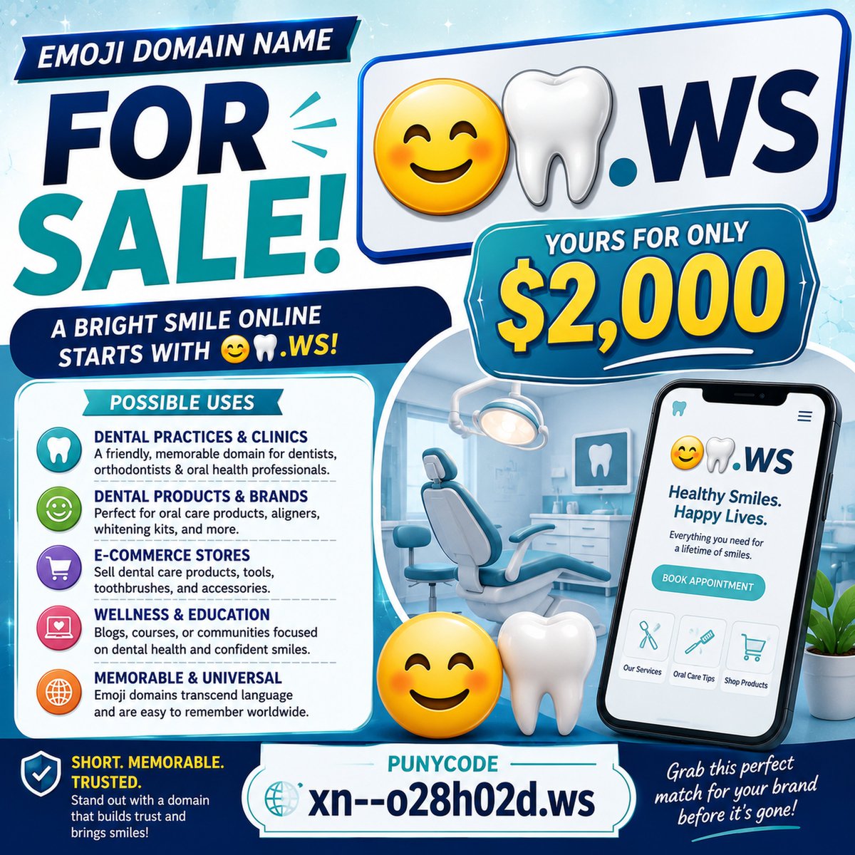 TheDomainDuke's tweet photo. Emoji Domain Name
#DomainForSale #domains #domainnames #AI #business #Brand #dentist #teeth #dentistry #tooth #orthodontist
https://t.co/7K38U0XpOP https://t.co/fAdTwFzDvx