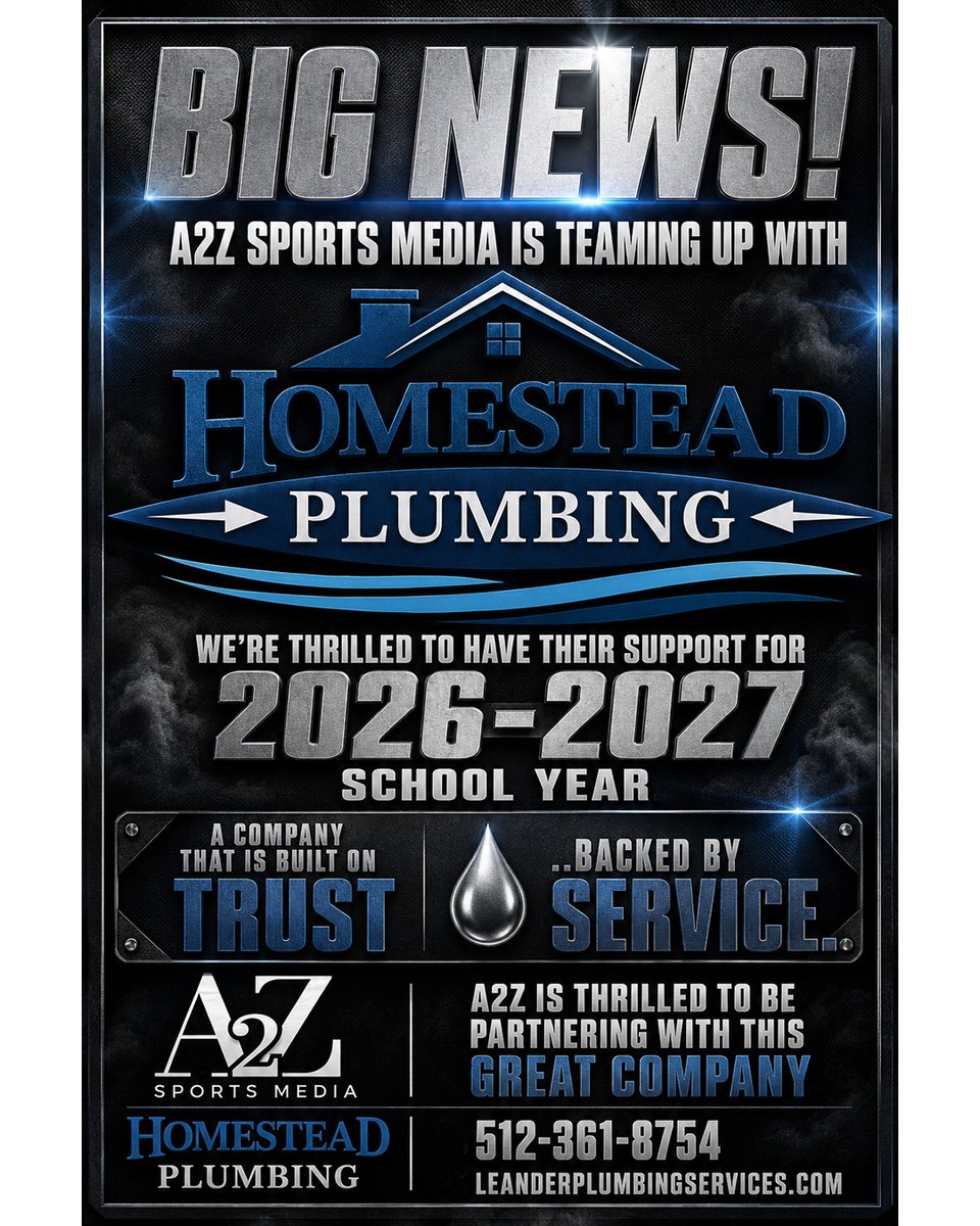 A2ZSportsMedia's tweet photo. @Homesteadplumb We’re a local, family owned plumbing company proudly serving Leander and the surrounding communities. With over 18 years of experience, we’re here to provide honest, dependable service you can count on. Homestead Plumbing.  “Built on Trust. Backed by Service.” 
Proud supporters of @A2ZSportsMedia