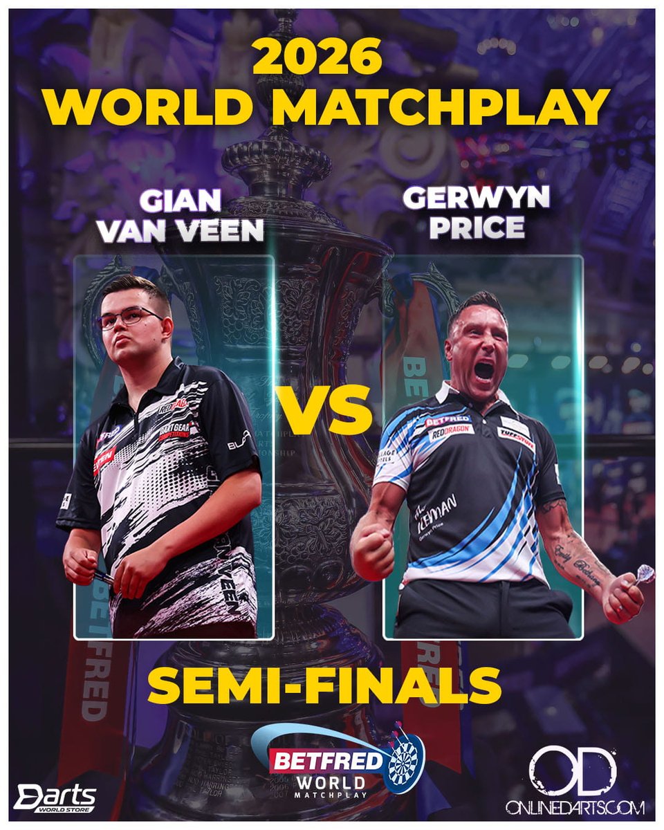 OfficialOLDarts's tweet photo. 🚨 UP NEXT ON STAGE IN BLACKPOOL! 🚨

The opening Semi-Final of the 2026 World Matchplay is coming up next in the Empress Ballroom! 🎯💥

🏴󠁧󠁢󠁷󠁬󠁳󠁿 Gerwyn Price vs Gian van Veen 🇳🇱

A place in Sunday's grand final is on the line over a grueling Best of 33 legs (First to 17)! Will 'The Iceman' reach his second Blackpool final, or can the Dutch sensation break new ground at the Winter Gardens?

Drop your match predictions in the comments below! 👇
