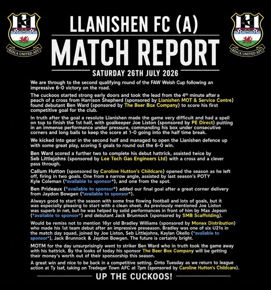 RiscaUtd's tweet photo. Into the next round, 6 goals, clean sheet. Ben Ward has arrived at Risca United. Football is back.

Huge thank you to all our player sponsors. If you’re a prospective sponsor please contact the club for the range of sponsorship opportunities.

Onto Tuesday back at Ty Isaf 🫡 https://t.co/QzVtJkJMaq