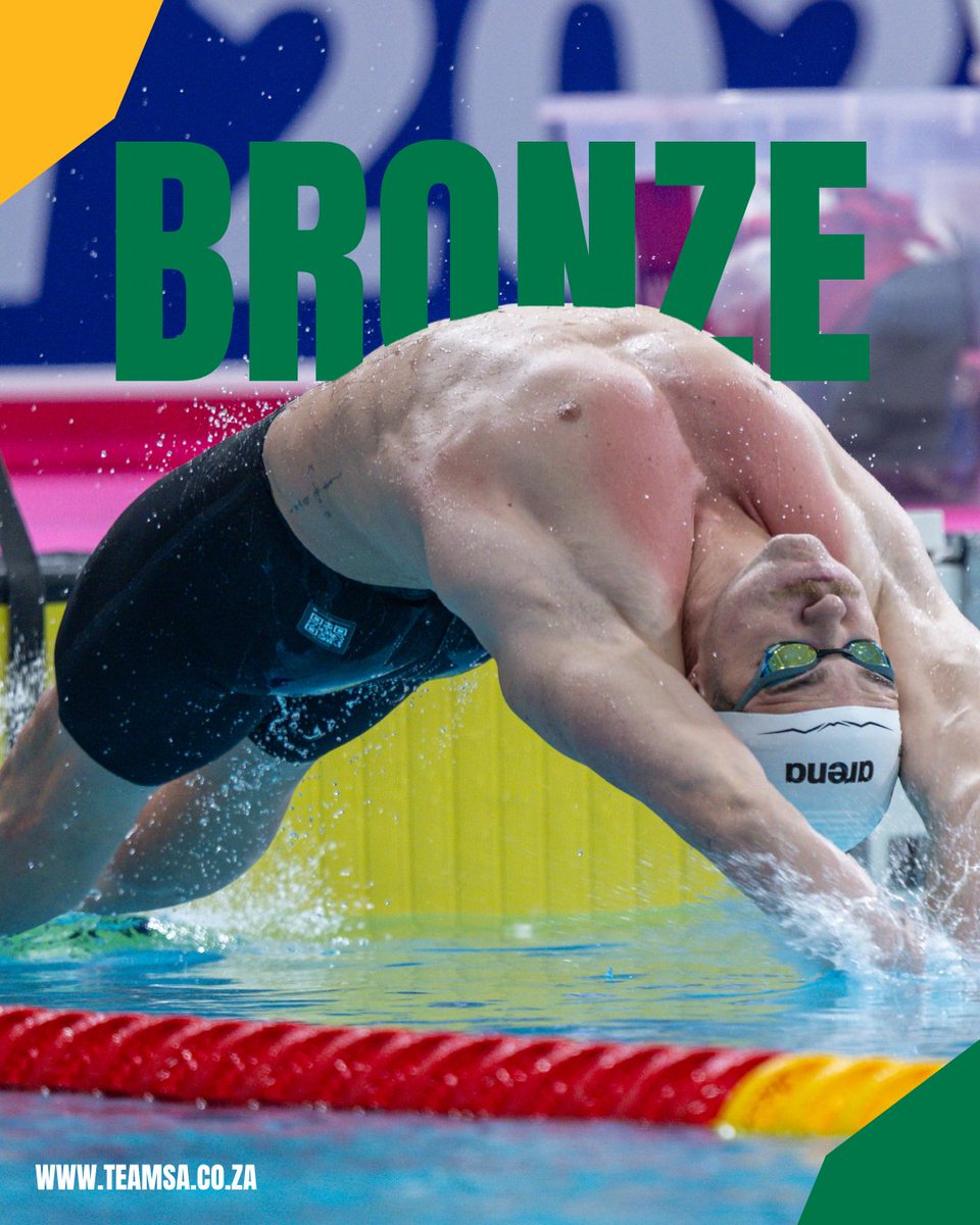 OfficialTeamRSA's tweet photo. 🥉 BRONZE FOR RUARD VAN RENEN! 🇿🇦

Ruard delivers a strong swim to secure bronze in the men’s 50m backstroke, joining gold medallist Pieter Coetze on the podium.

#TeamSA #ForMyCountry #Glasgow2026 https://t.co/gksWJ1veck