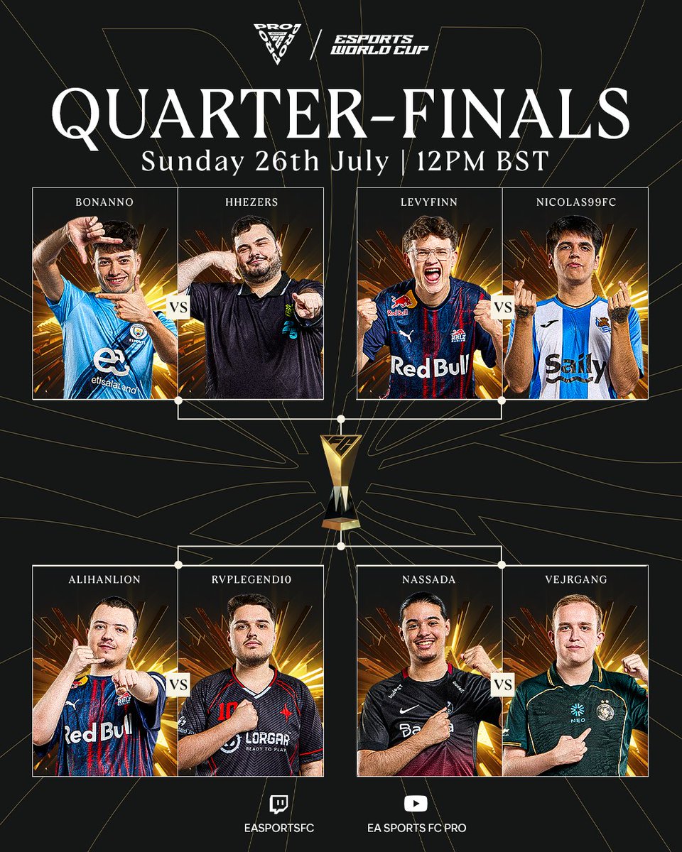 EASPORTSFCPro's tweet photo. Four blockbuster match-ups in the #FCPro World Championship Quarter-Finals 😍
#EWC https://t.co/49dVbezKWb