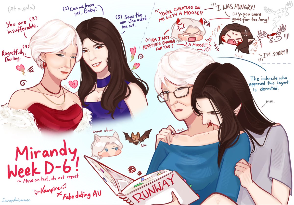 s3raphiicmuse's tweet photo. Day 6
🍷 Vampire x Fake Dating AU

In a world where humans and vampires coexist, Miranda gets herself accused of discriminating against vampires. It leads to them pretend dating to stop those rumours, and in return Andy gets free blood supply.

#mirandyweek2026 #mirandy #tdwp https://t.co/JGkMarP1AM