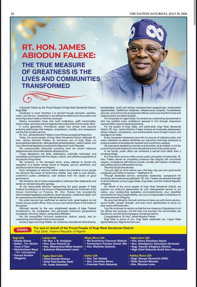 honfaleke's tweet photo. The proud people of Kogi West Senatorial District, have paid a special tribute to Rt. Hon. James Abiodun Faleke in recognition of his enduring legacy of transformational leadership, exemplary service, and unwavering commitment to the growth, development, and welfare of the people https://t.co/GN2iGCIOxx
